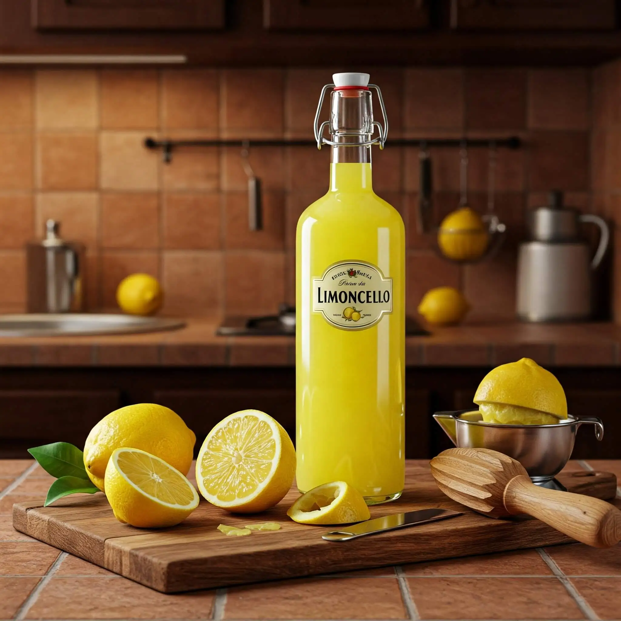 Image illustrant la préparation d’un Limoncello maison avec des citrons bio, de l’alcool et du sucre, étape par étape.