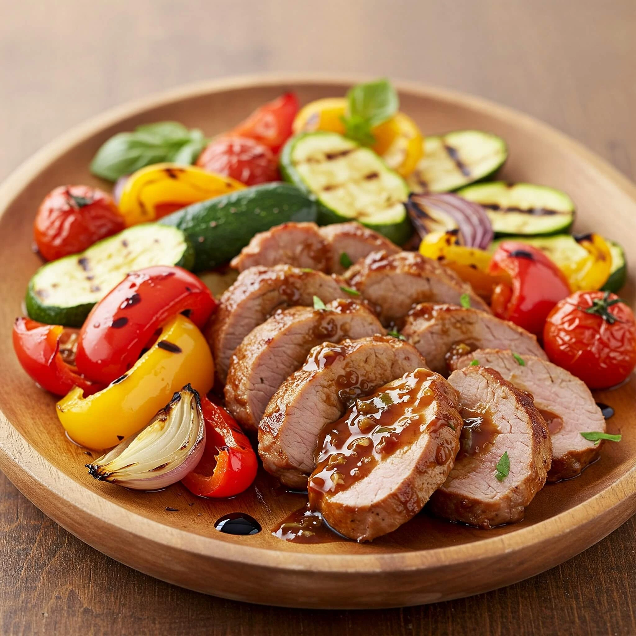 Légumes grillés et porc mariné : un plat savoureux et coloré