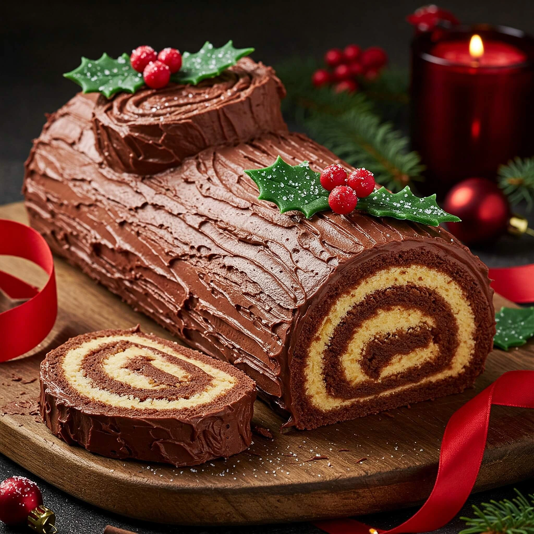 Délicieuse Bûche de Noël maison garnie de crème onctueuse et décorée avec un glaçage au chocolat, des perles argentées et des copeaux de chocolat.
