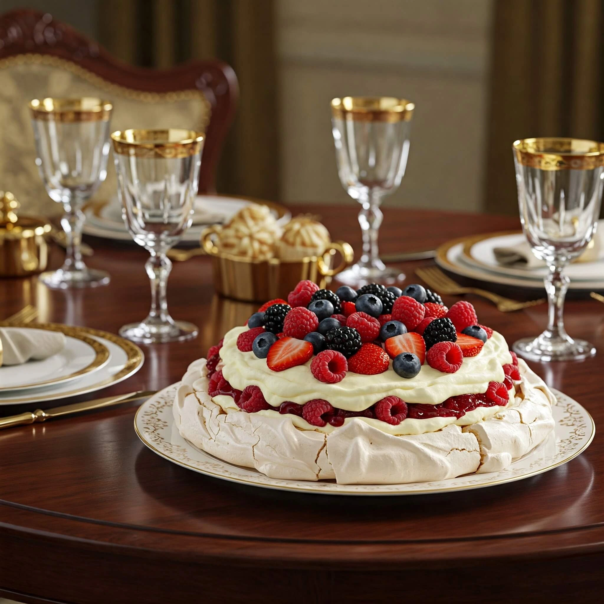 Pavlova maison avec meringue croquante, crème Chantilly et fruits frais comme des fraises, framboises et mangue, un dessert aérien et gourmand.