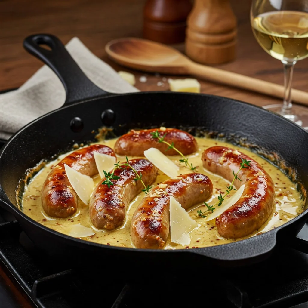 Saucisses crémeuses à la moutarde et parmesan, un plat gourmand et réconfortant