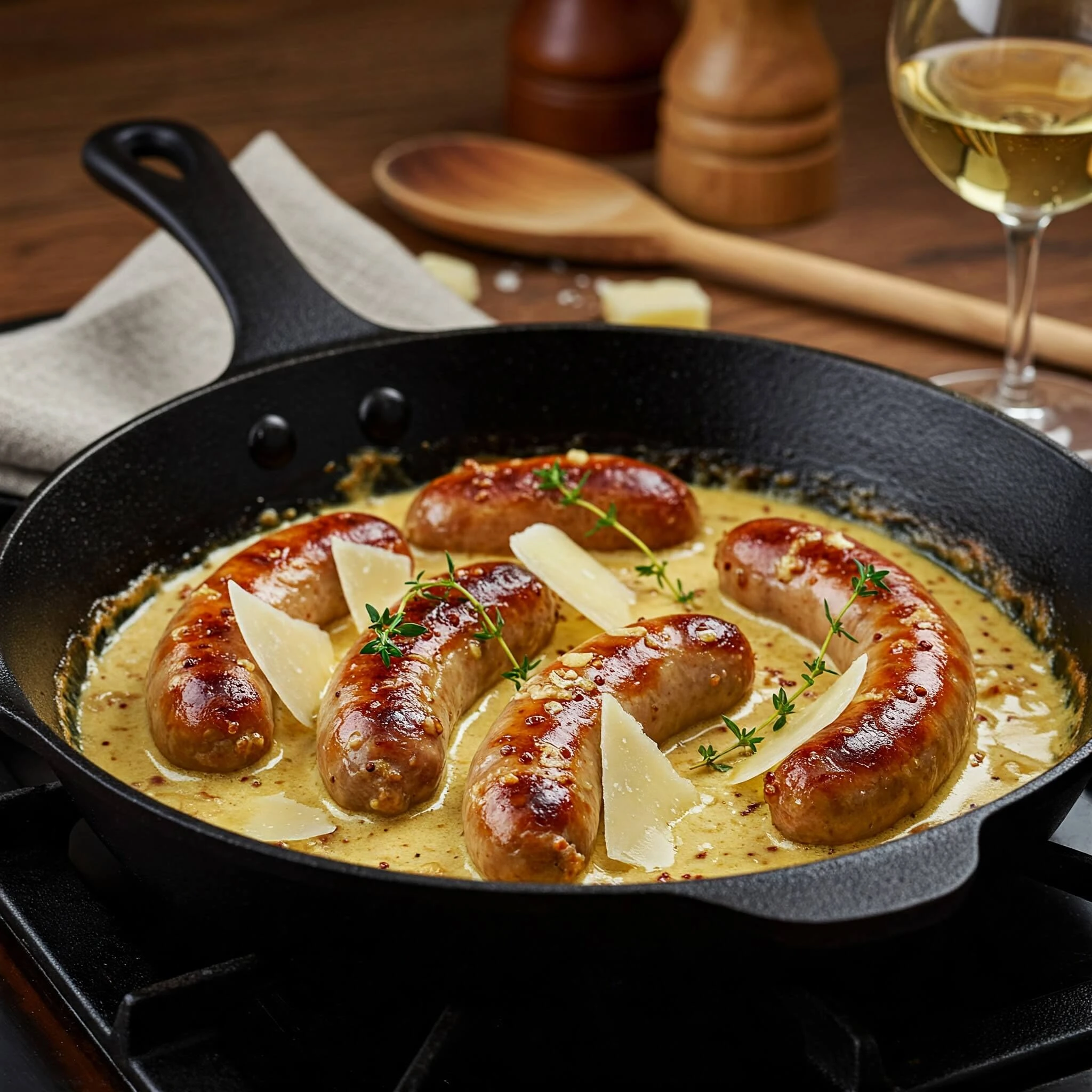 Saucisses crémeuses à la moutarde et parmesan, un plat gourmand et réconfortant
