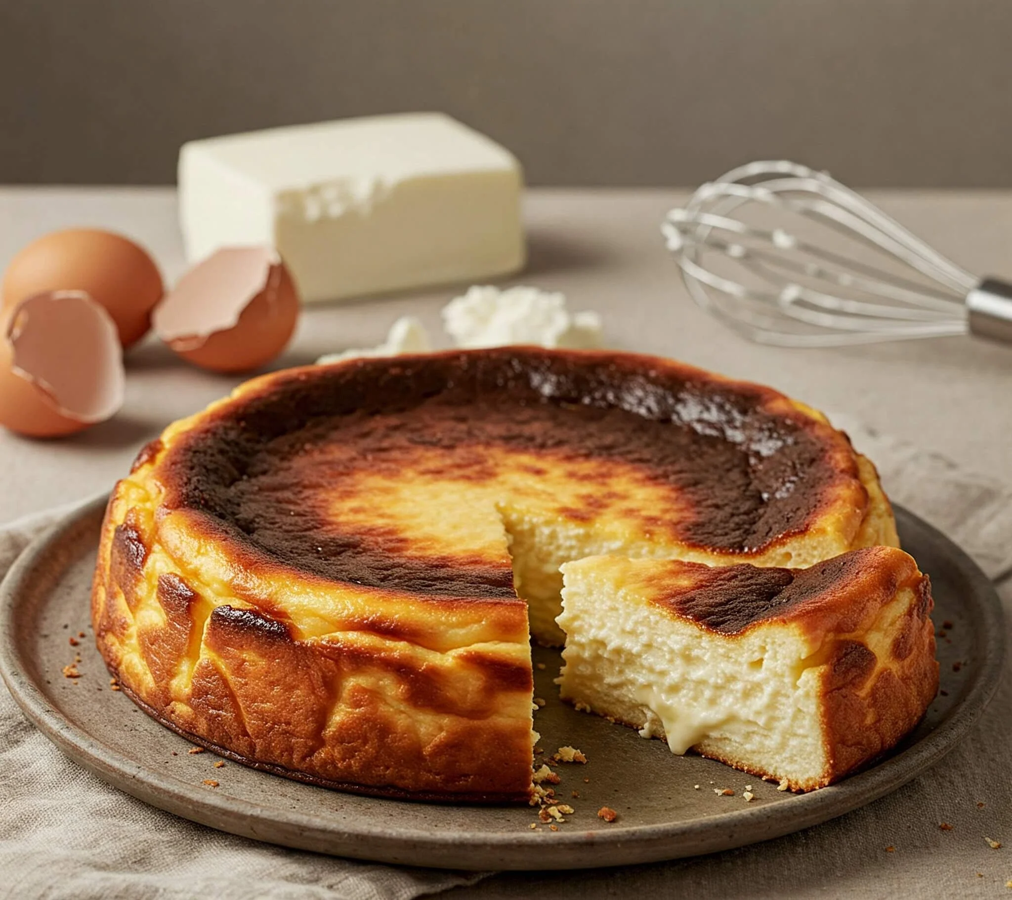 Cheesecake San Sebastian avec une texture crémeuse et une croûte caramélisée