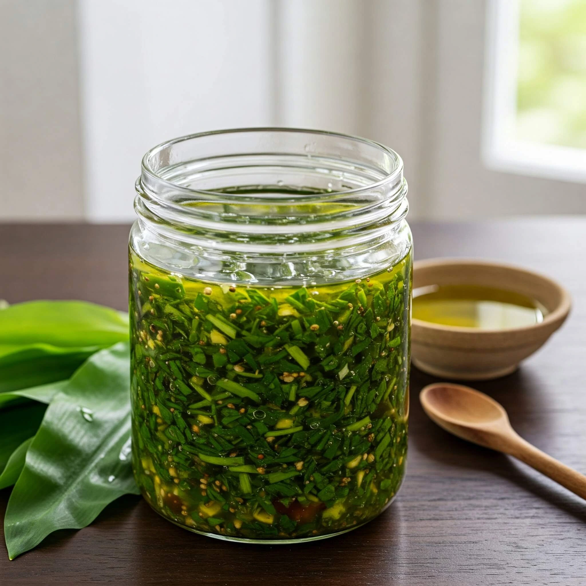 Bocal en verre rempli de marinade à l’ail des ours, entouré de feuilles fraîches d’ail des ours, d’une bouteille d’huile d’olive, d’un citron coupé et d’un bol de vinaigre balsamique, sur une table en bois rustique.