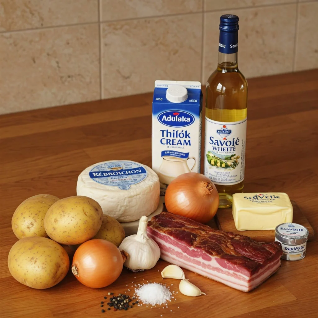 Ingrédients pour tartiflette : pommes de terre, reblochon, lardons, crème fraîche, vin blanc de Savoie et épices
