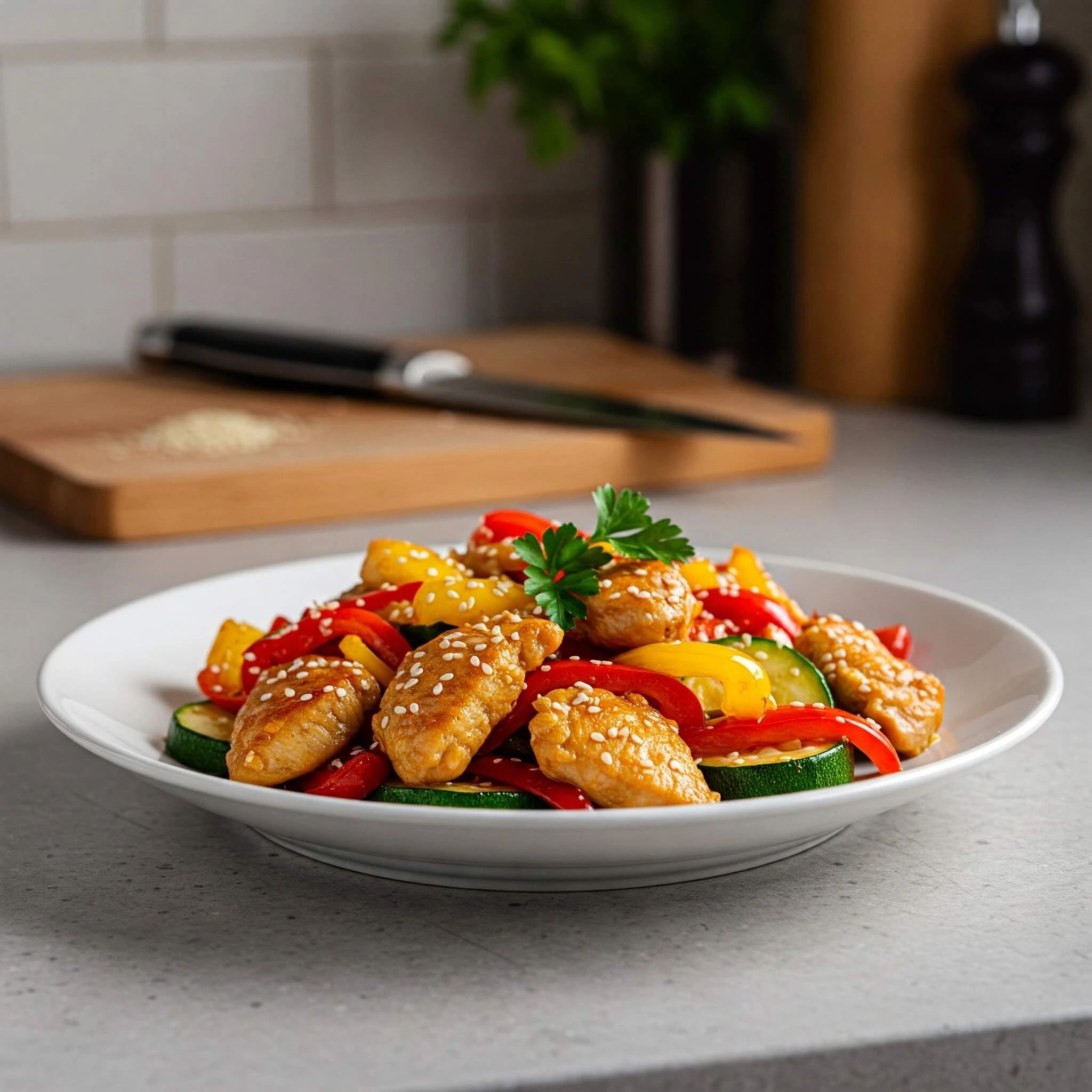 Plat coloré de poulet sauté avec des légumes frais, incluant poivrons rouges et jaunes, courgettes, carottes et oignons, assaisonné d’herbes et d’épices pour une recette rapide et équilibrée.