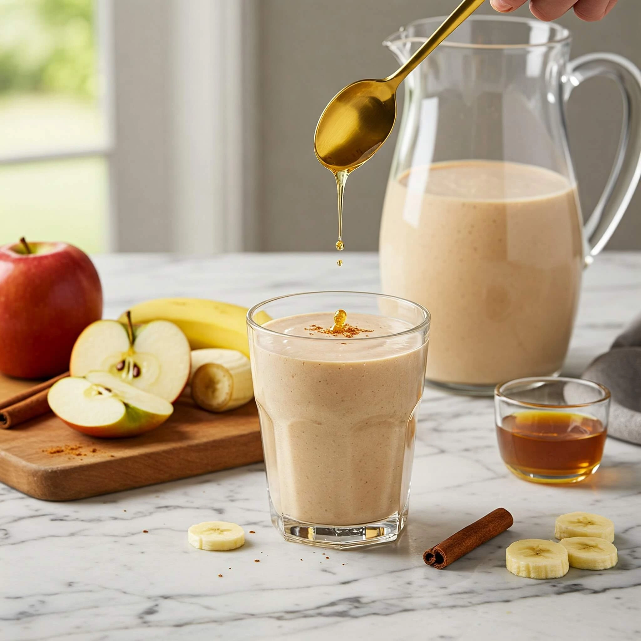 Smoothie énergisant à la pomme, banane et cannelle dans un verre élégant, accompagné d’ingrédients frais sur un plan de travail lumineux.