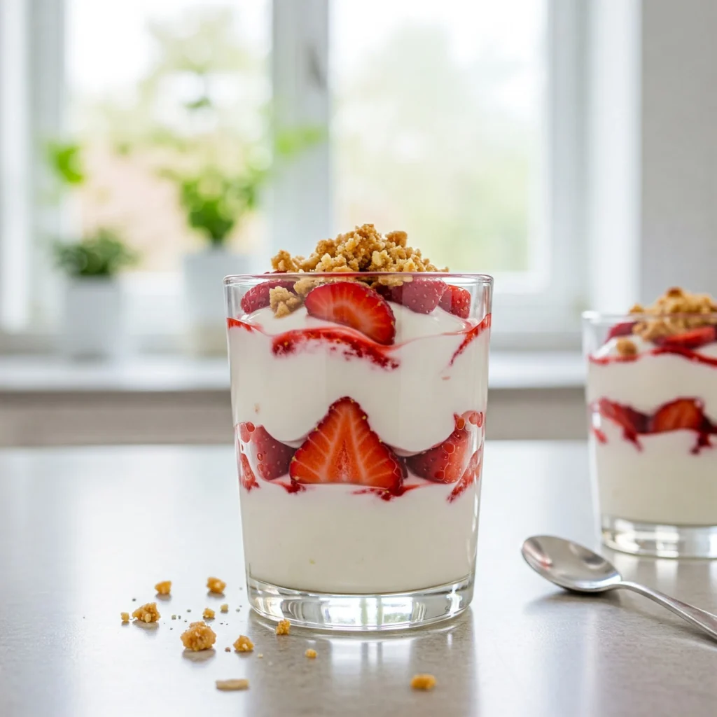 Verrine légère au yaourt et fraises avec un crumble d’amandes croustillant, servie dans un verre transparent, décorée de feuilles de menthe.