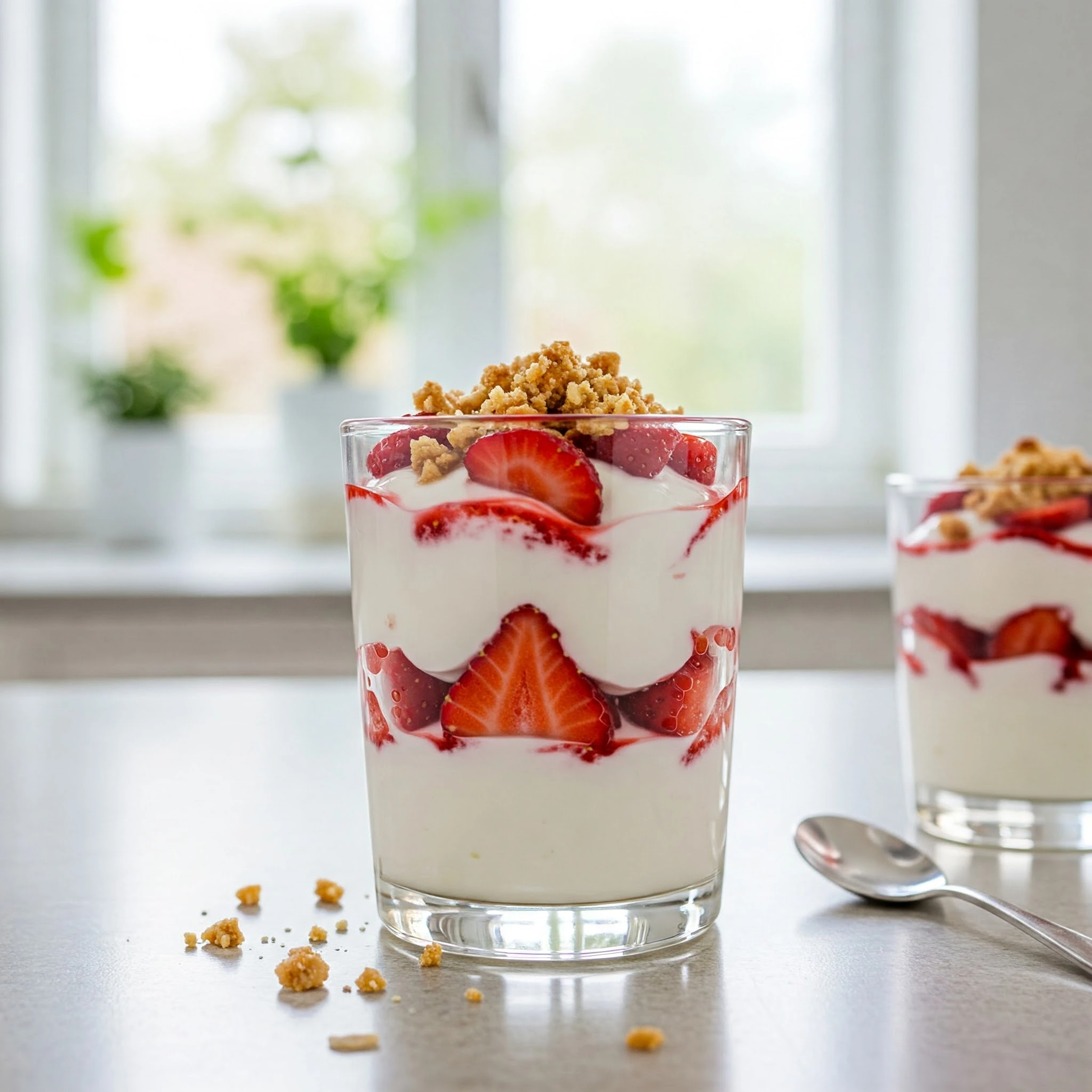 Verrine légère au yaourt et fraises avec un crumble d’amandes croustillant, servie dans un verre transparent, décorée de feuilles de menthe.