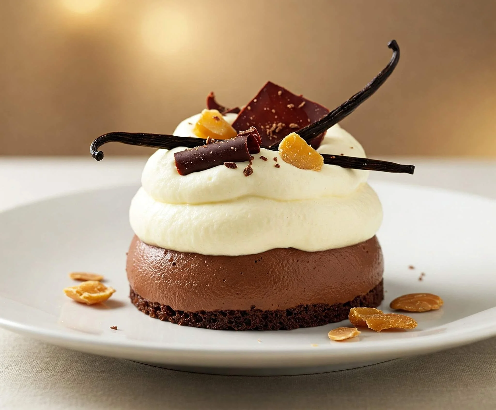 Un délicieux dessert alliant chocolat et vanille, avec une texture gourmande et une présentation élégante.