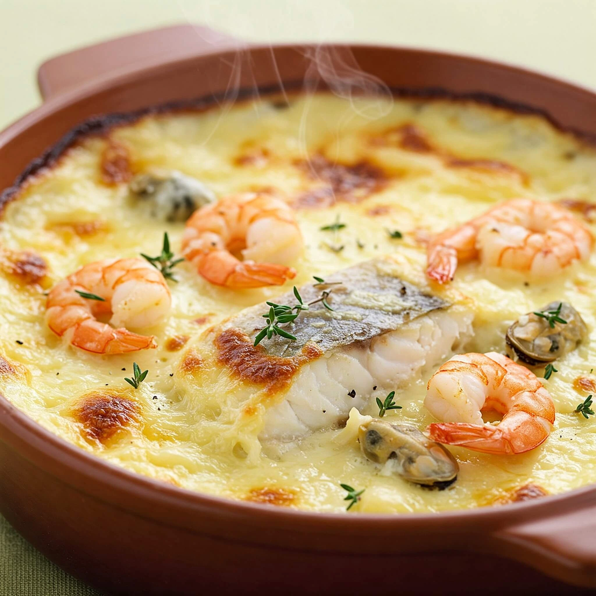 Golden seafood gratin with shrimp, white fish, and a bubbling cheesy crust.