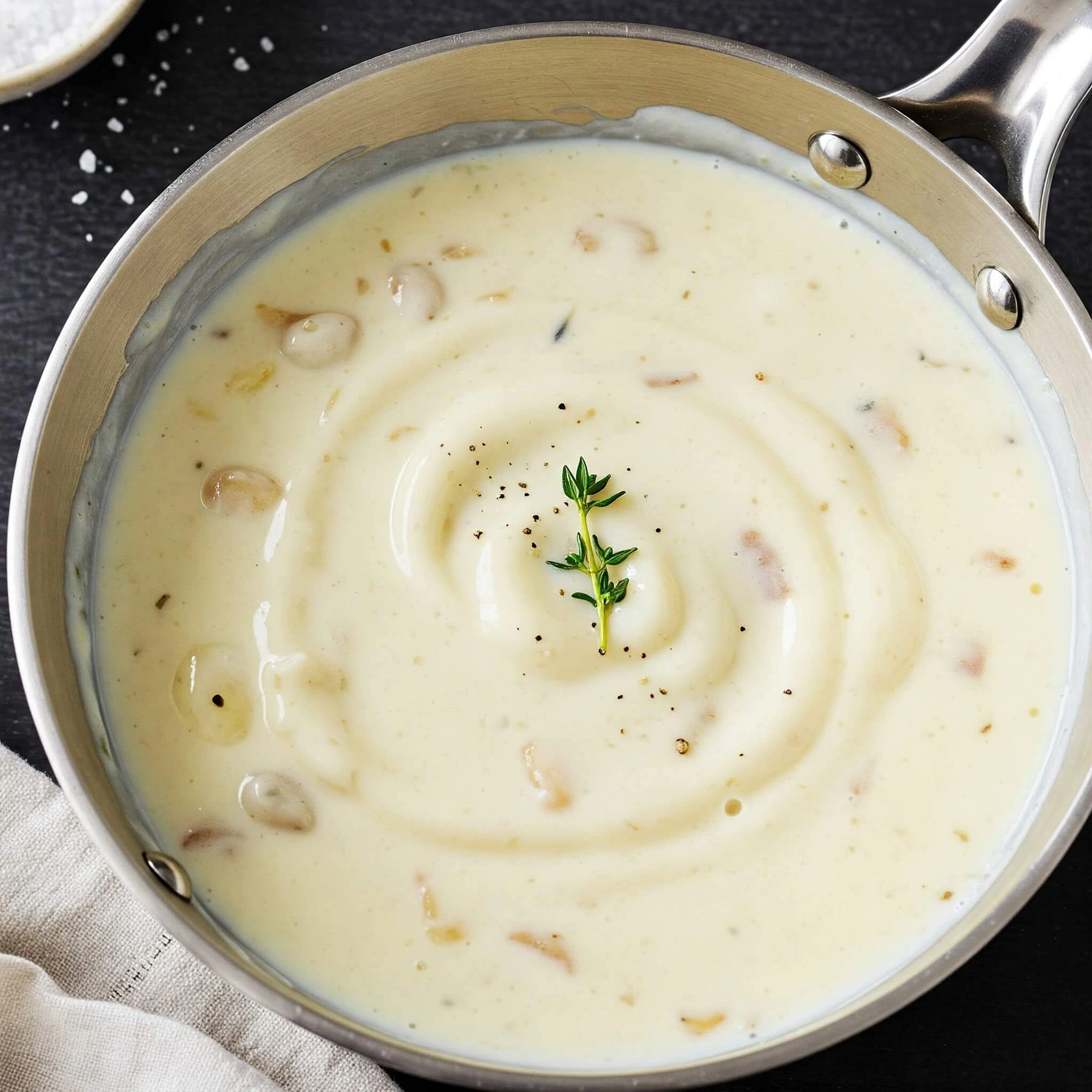 Un bol de sauce blanche onctueuse, agrémentée d’herbes fraîches et d’épices, accompagné d’une cuillère en bois et d’ingrédients comme le yaourt et le citron.