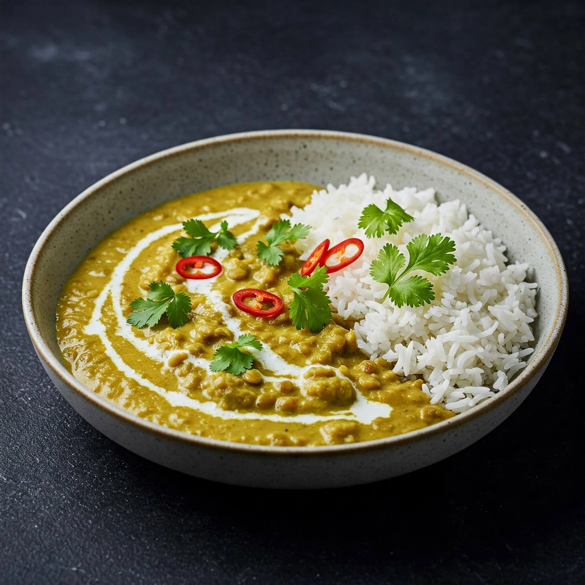 Délicieux curry de lentilles vertes au lait de coco, un plat végétarien onctueux et riche en saveurs