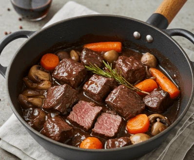 Un délicieux bœuf bourguignon mijoté en cocotte, avec des morceaux de viande fondants, des carottes, des champignons et une sauce au vin rouge, servi avec une purée maison.