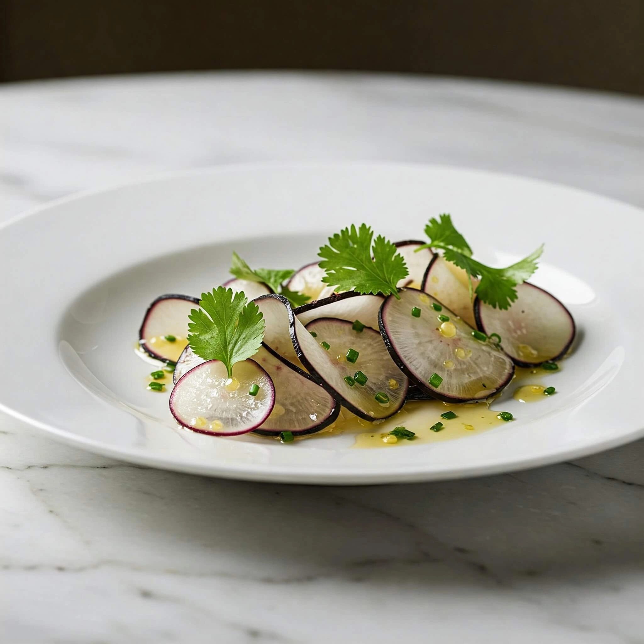 Assiette raffinée mettant en valeur une recette de radis noir, avec des tranches fines, une vinaigrette au miel et citron, et des herbes fraîches pour une touche de fraîcheur.