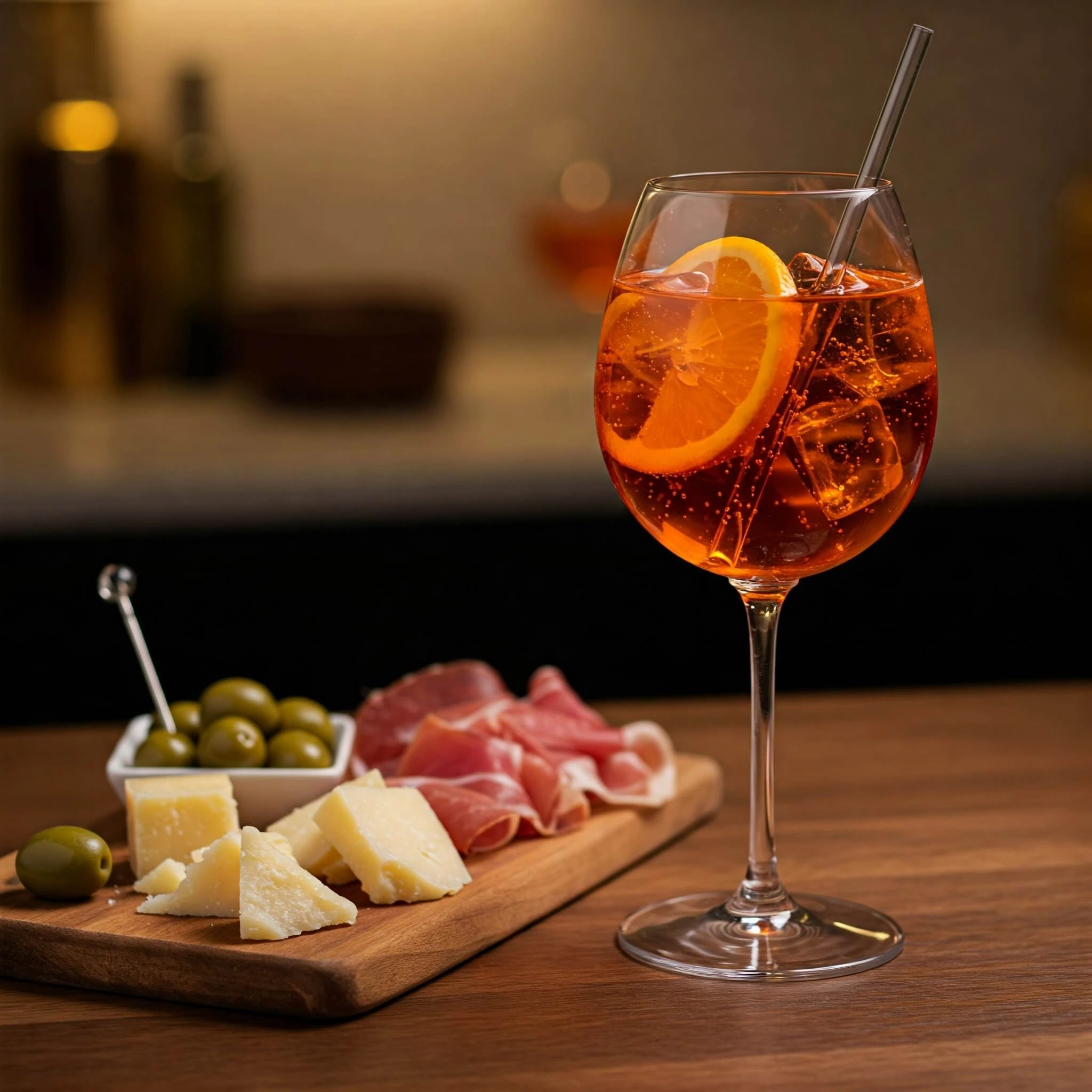 Verre de Spritz pétillant avec glaçons, tranche d’orange et bulles dorées, parfait pour un apéritif italien