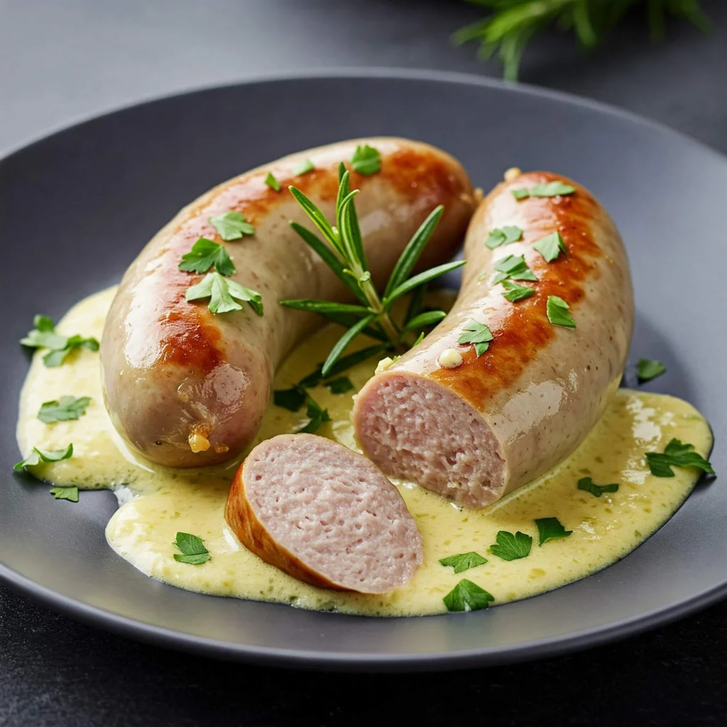 Assiette raffinée de boudin blanc doré, accompagné d'une purée onctueuse et de champignons aux morilles
