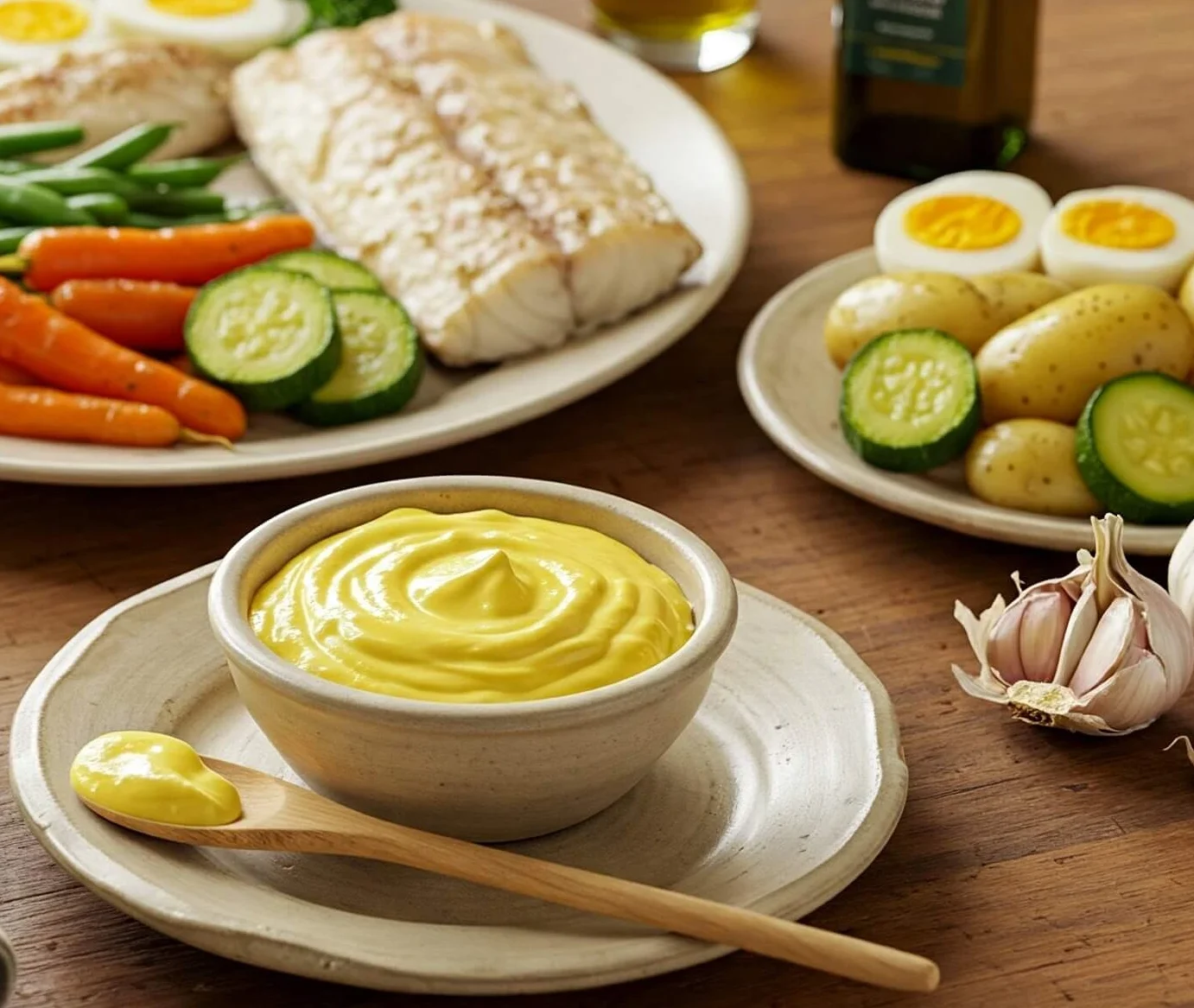 Bol d’aïoli maison crémeux accompagné de légumes vapeur, poisson et œufs durs, une spécialité provençale savoureuse et authentique.