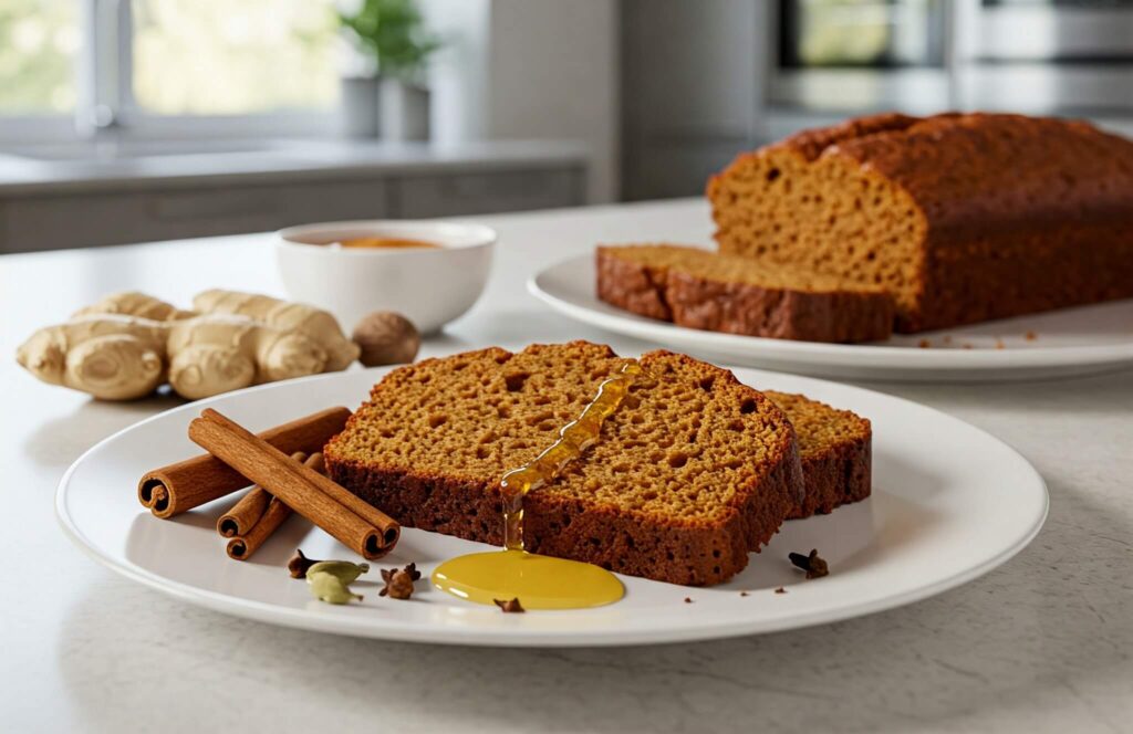 Pain d’épices maison moelleux, tranché et nappé de miel, entouré de bâtons de cannelle et de gingembre sur une table en bois rustique.
