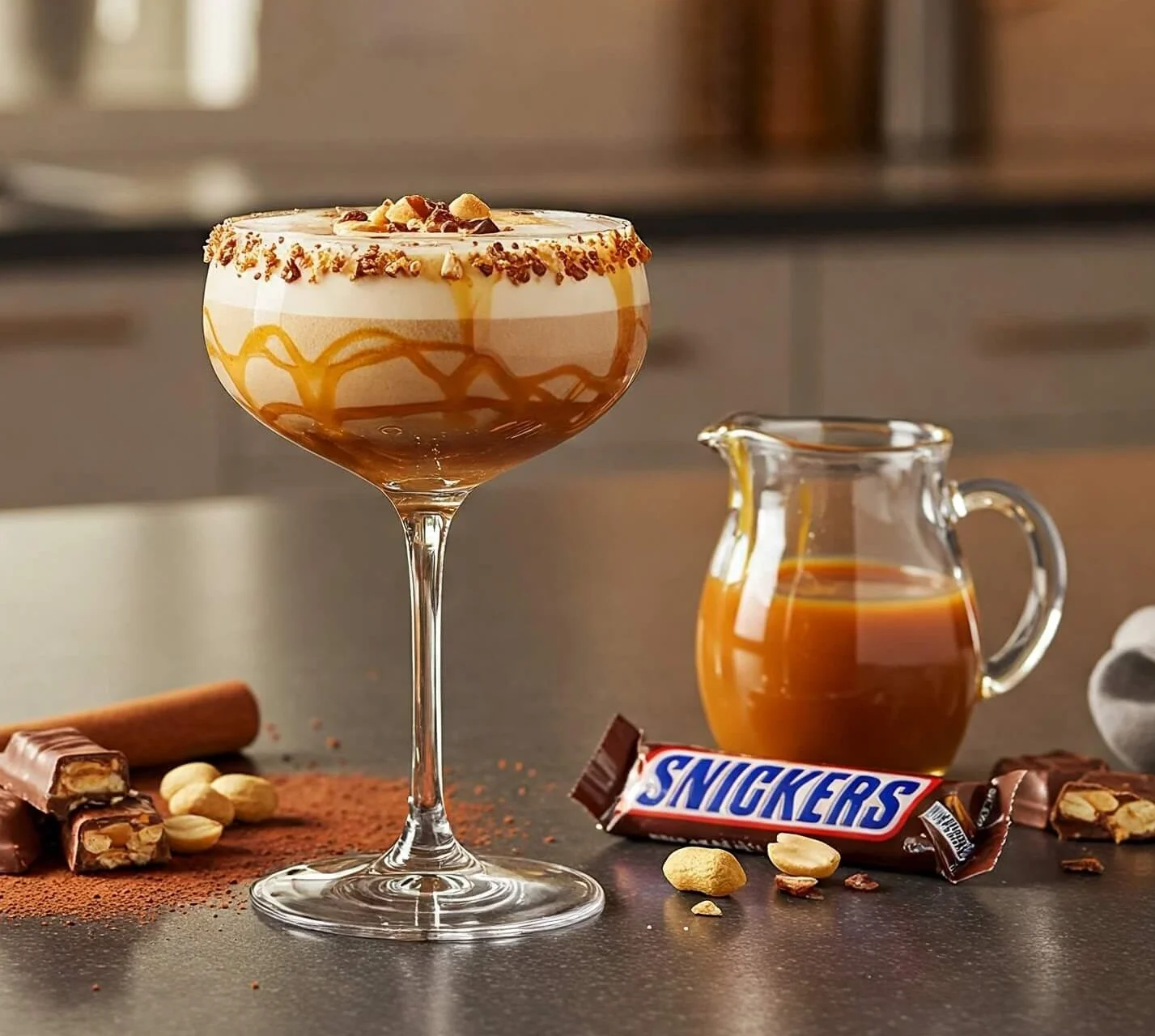 Un cocktail gourmand inspiré du Snickers, servi dans un verre élégant, avec un nappage de caramel, des copeaux de chocolat et des cacahuètes concassées, le tout mis en scène dans une cuisine moderne et chaleureuse.