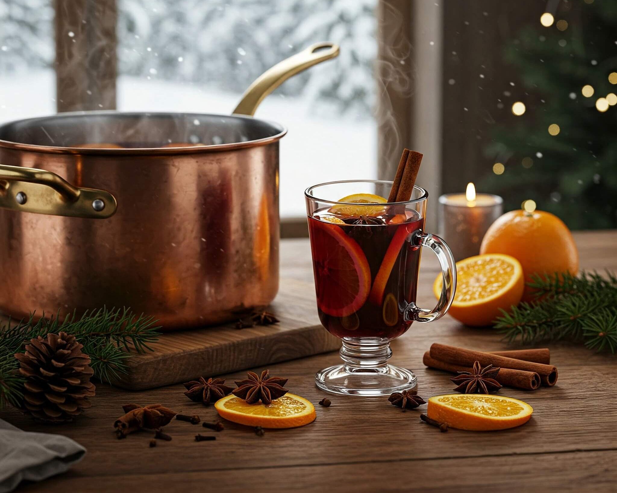 Un verre de vin chaud maison fumant, garni d’une tranche d’orange et d’un bâton de cannelle, avec une casserole en cuivre remplie de vin chaud épicé sur un plan de travail en bois rustique. En arrière-plan, des épices comme la badiane et les clous de girofle, ainsi qu’une fenêtre donnant sur un paysage hivernal.
