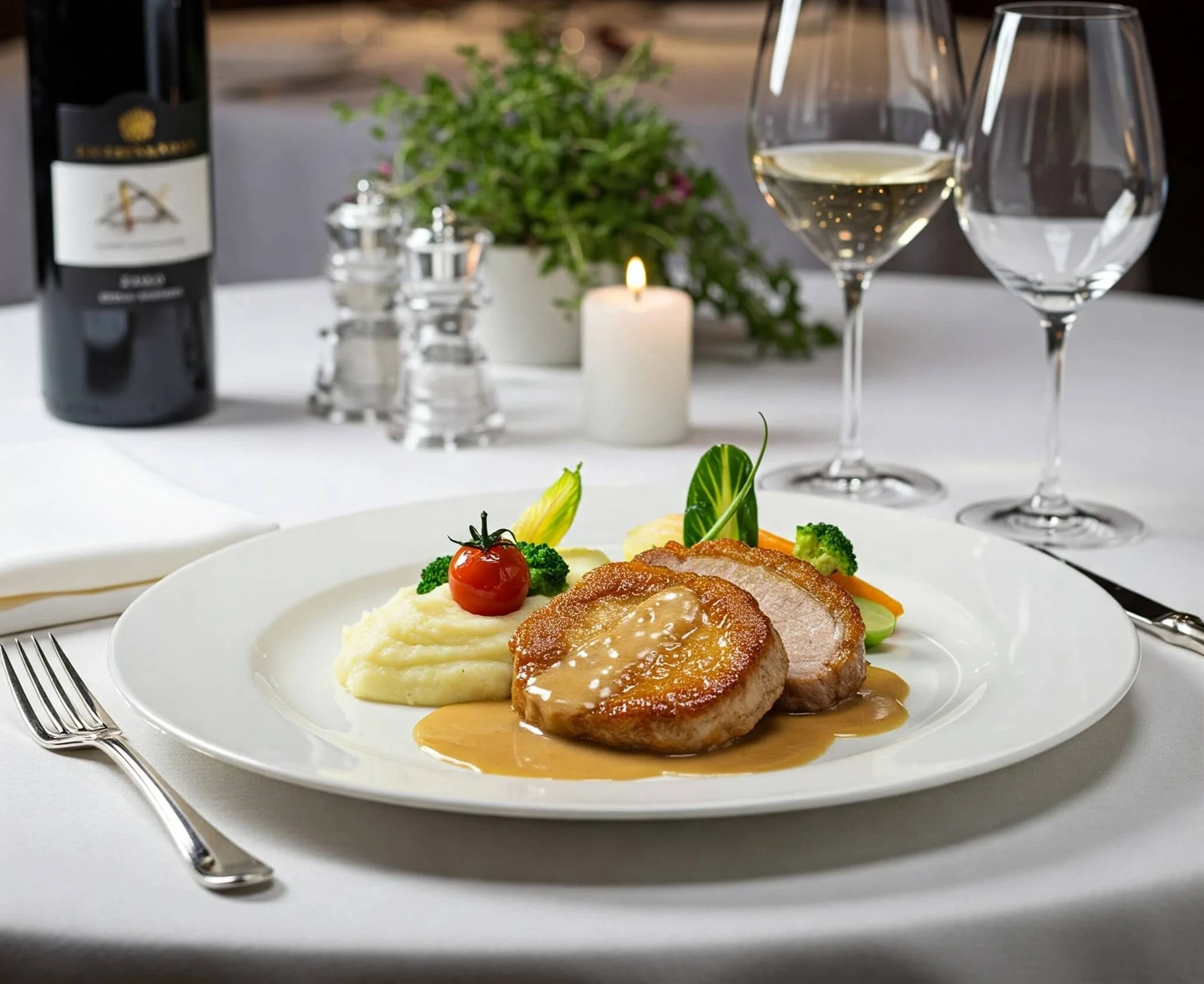 Plat raffiné de sauté de porc doré, nappé d’une sauce onctueuse, accompagné de pommes de terre fondantes et de légumes colorés, servi dans une assiette élégante sur une table luxueuse.