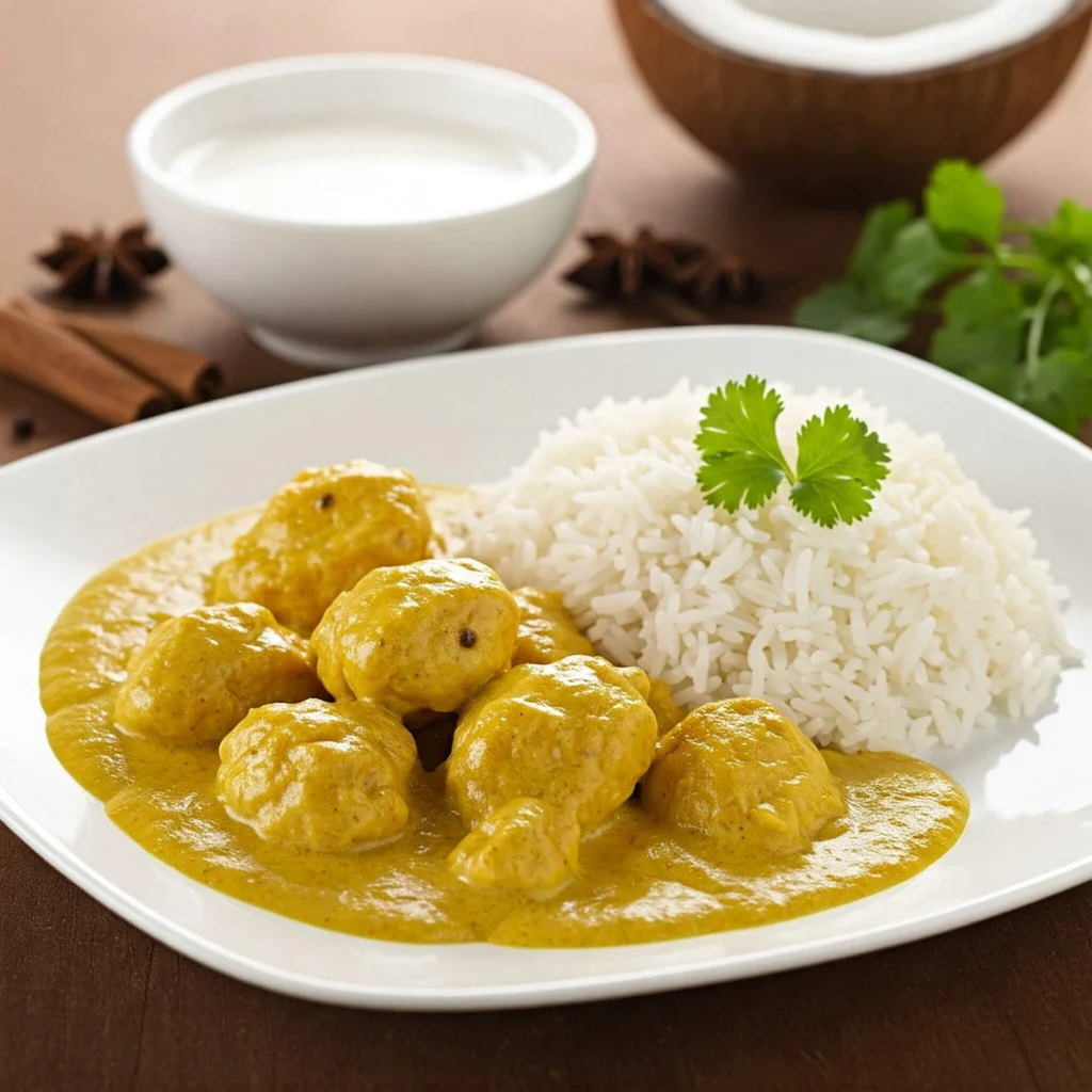 Délicieux poulet curry nappé d’une sauce onctueuse aux épices, servi avec du riz basmati et garni de coriandre fraîche. Un plat parfumé et réconfortant, parfait pour un repas rapide et savoureux.