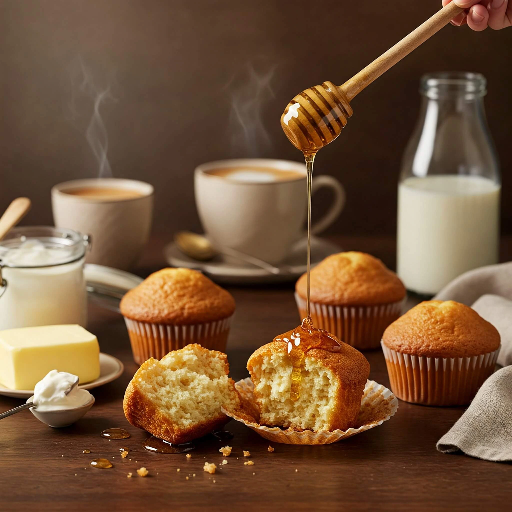 Gros plan sur des muffins dorés et ultra-moelleux, avec un filet de miel et des ingrédients clés comme le beurre et le yaourt pour garantir une texture parfaite.