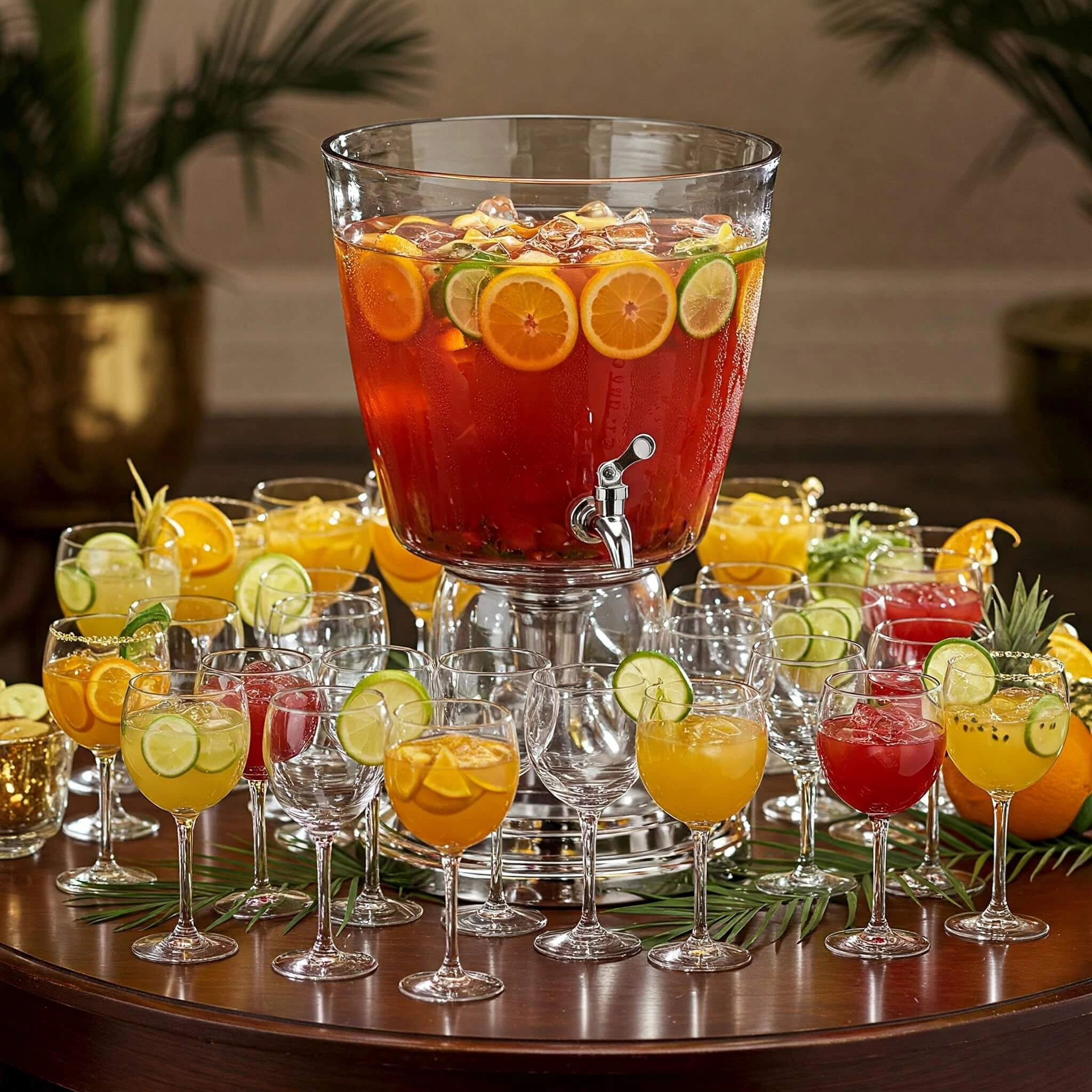 Grand bol de punch coloré servi dans une fontaine en verre, entouré de verres élégants garnis de rondelles d’agrumes et de fruits exotiques, sur une table festive avec une ambiance chaleureuse et raffinée.