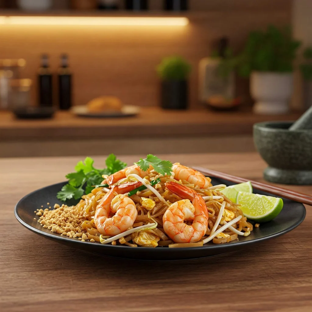 Un délicieux Pad Thaï servi dans une assiette élégante, garni de crevettes, cacahuètes concassées, coriandre fraîche et quartiers de citron vert, avec des baguettes posées à côté.