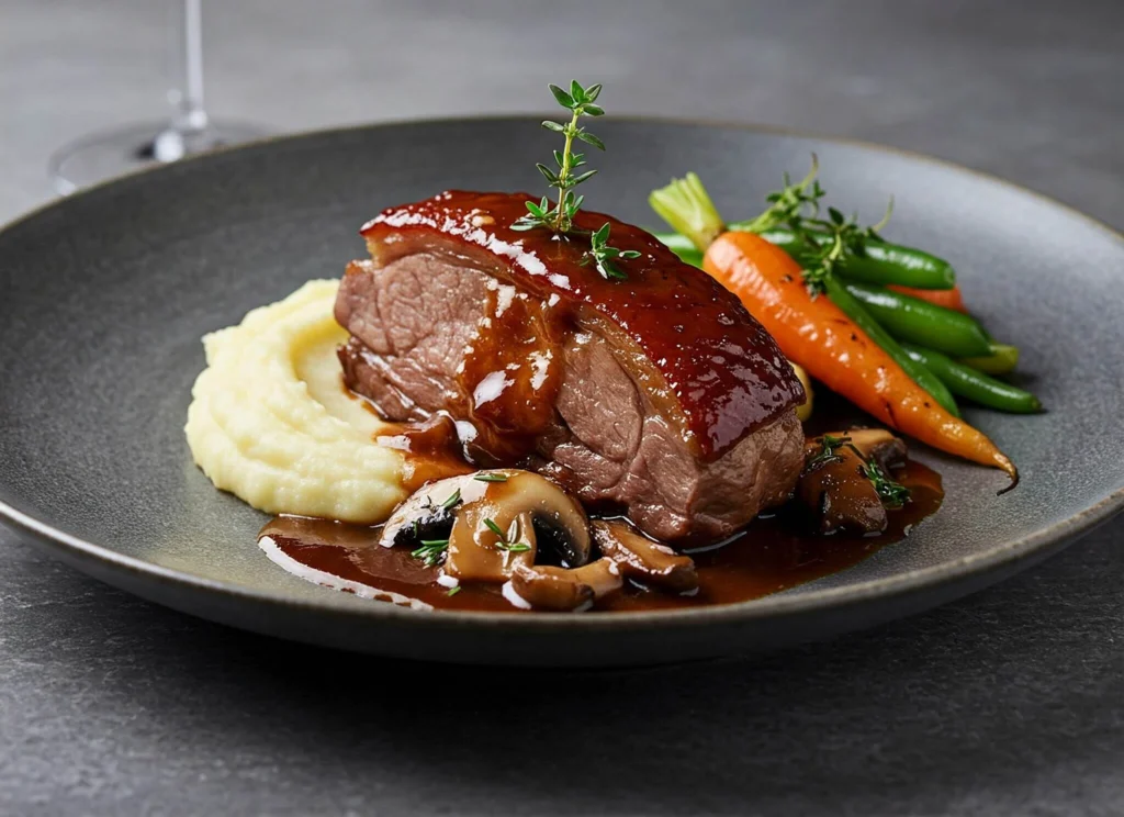 Joue de porc mijotée fondante avec sauce savoureuse et accompagnements gourmands.