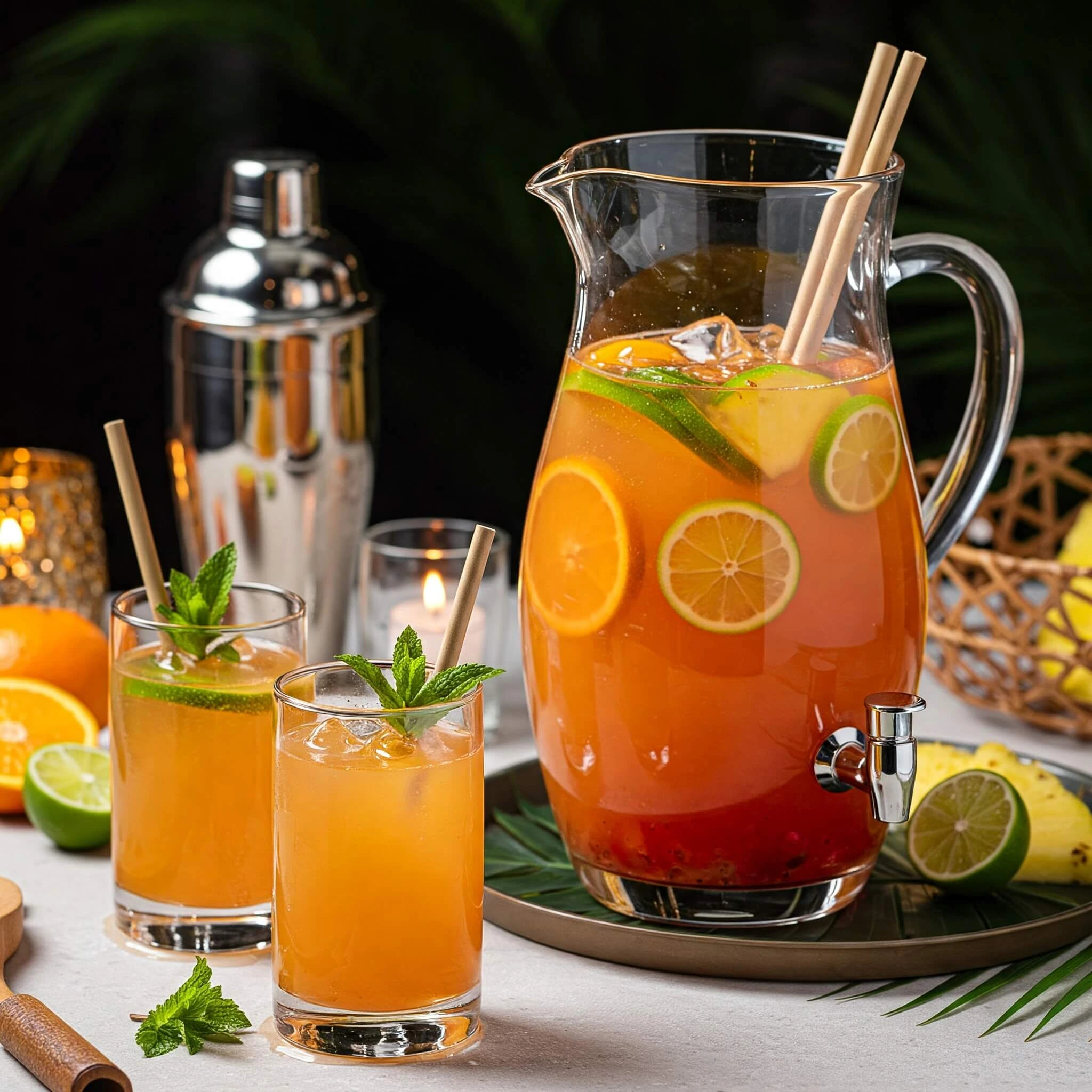 Délicieux punch maison de 10 litres, garni de fruits exotiques et servi dans une ambiance festive
