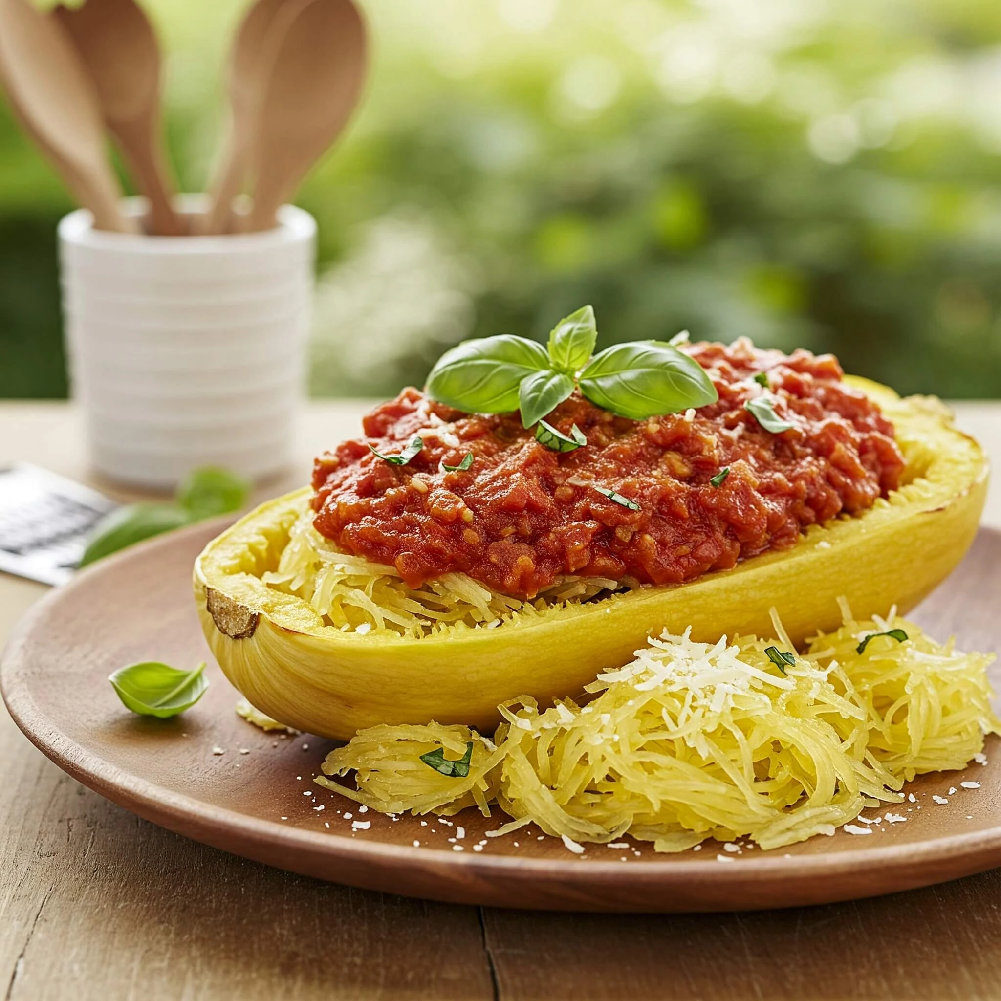 Un plat gourmand de courge spaghetti servi dans une assiette élégante. Les filaments dorés de la courge sont sublimés par un filet d’huile d’olive, de l’ail, du parmesan râpé et des herbes aromatiques. Une fourchette repose délicatement sur le côté, prête à déguster ce plat savoureux et léger.