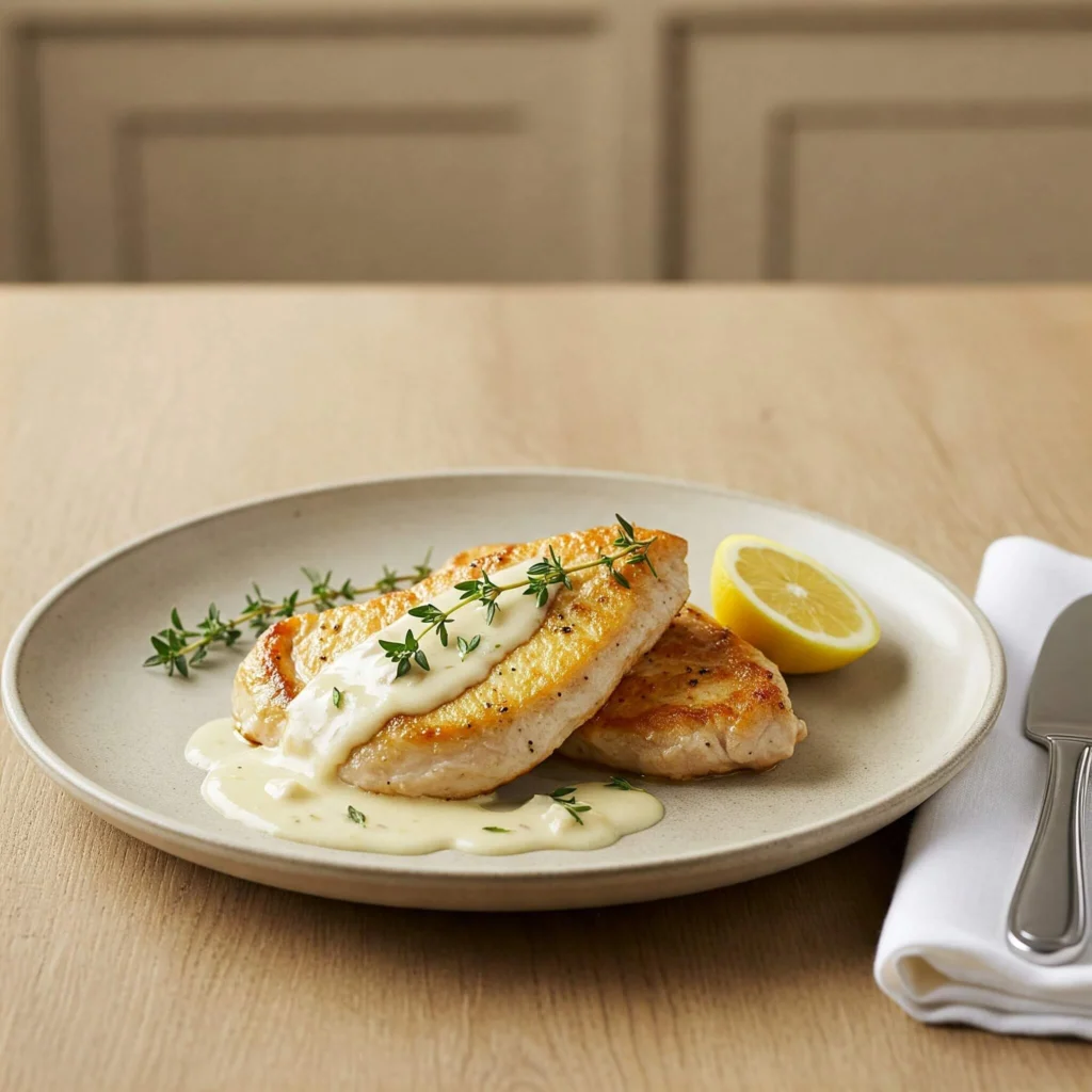 Photo d’une escalope de dinde moelleuse, dorée à la poêle, servie avec une sauce onctueuse et des herbes fraîches