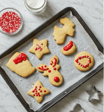 Biscuits de Noël décorés faits maison avec des enfants, sur une table en bois, entourés d'ustensiles de pâtisserie et de décorations festives.