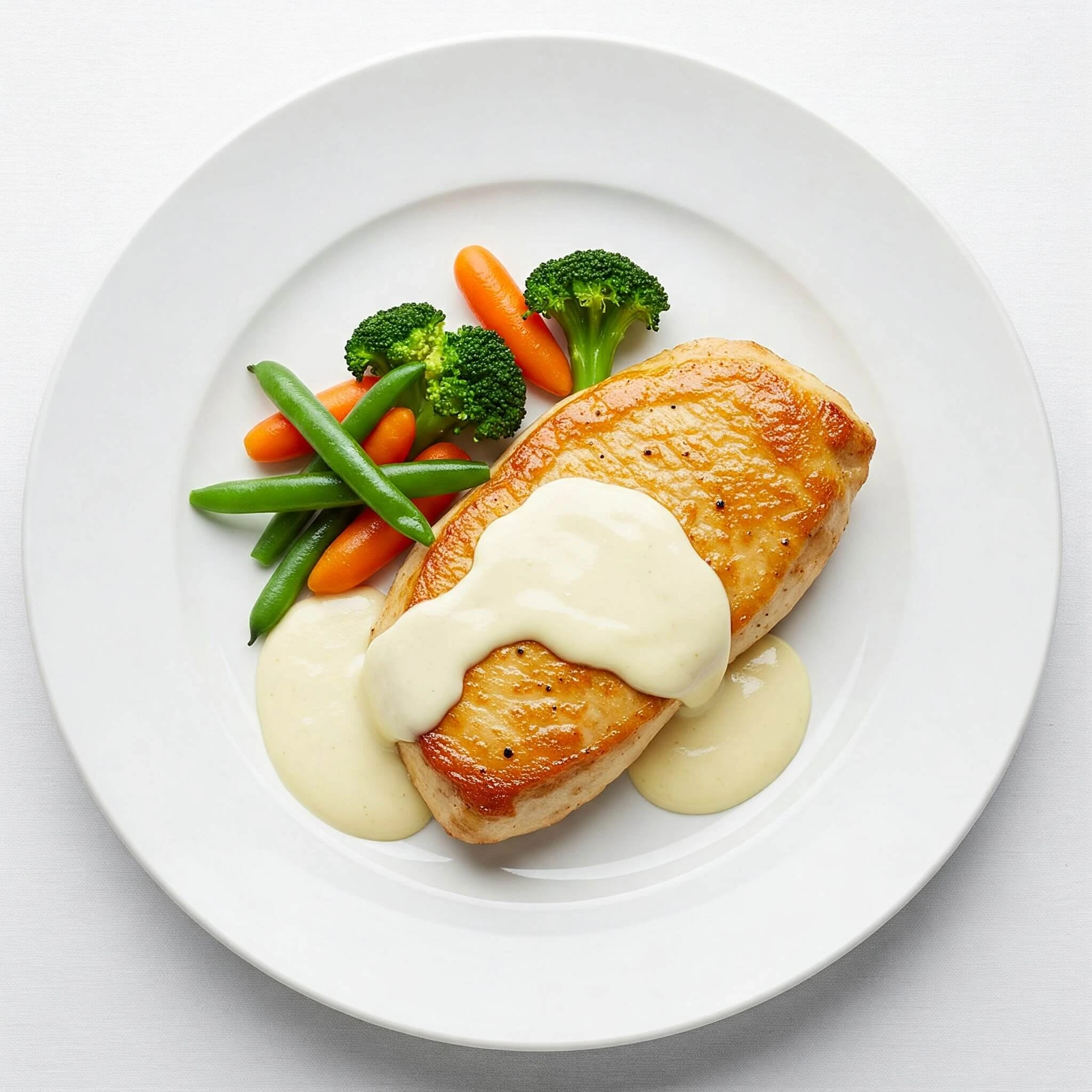 Escalope de dinde bien cuite, dorée et moelleuse, servie avec des légumes et une sauce légère