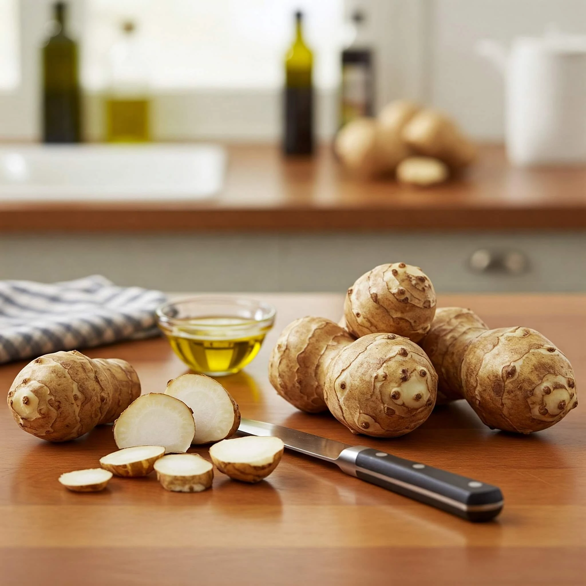 Préparation des topinambours frais pour la cuisson, avec un couteau et un plan de travail élégant.