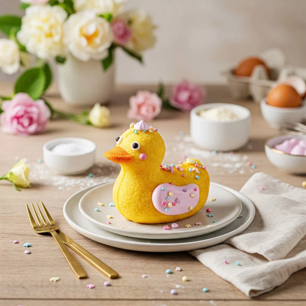 Dessert en forme de canard décoré avec glaçage coloré et paillettes, présenté sur une assiette élégante avec des éléments de pâtisserie autour