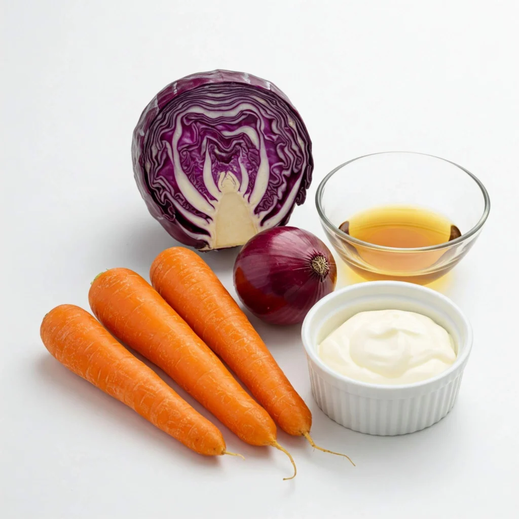 Ingrédients frais pour coleslaw chou rouge : chou rouge, carottes, oignon rouge, vinaigre et yaourt.