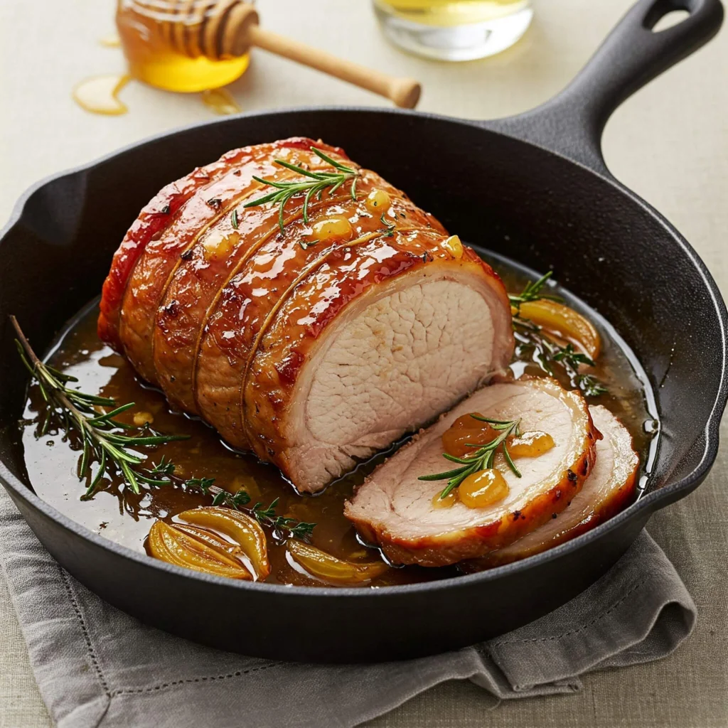 Joue de porc tendre, nappée de sauce au cidre et miel, servie sur un plat élégant pour une recette facile et savoureuse.