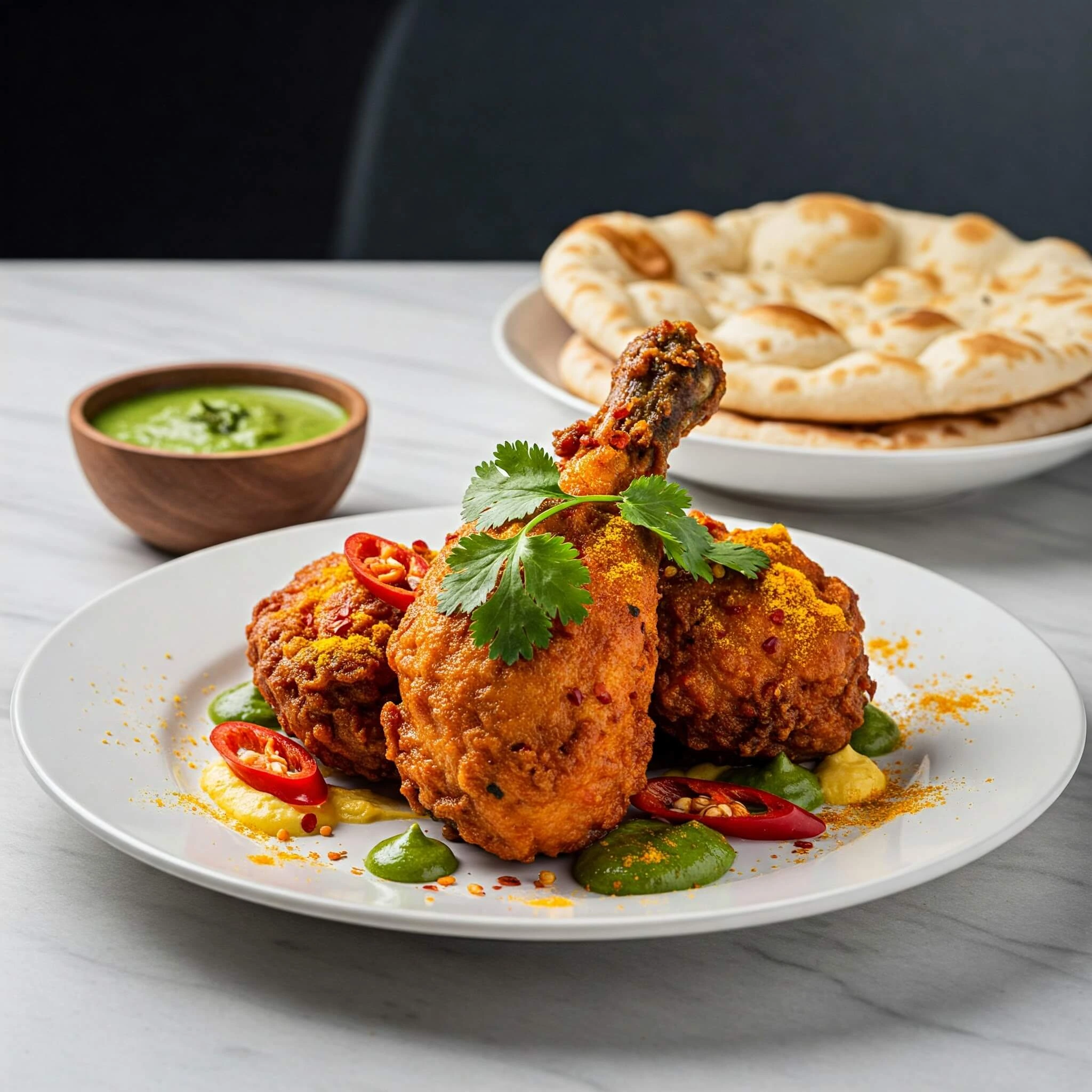 Plated Apollo Chicken with vibrant spices, chutney, naan, and fresh herbs, showcasing a golden and crispy exterior with a juicy, tender interior.