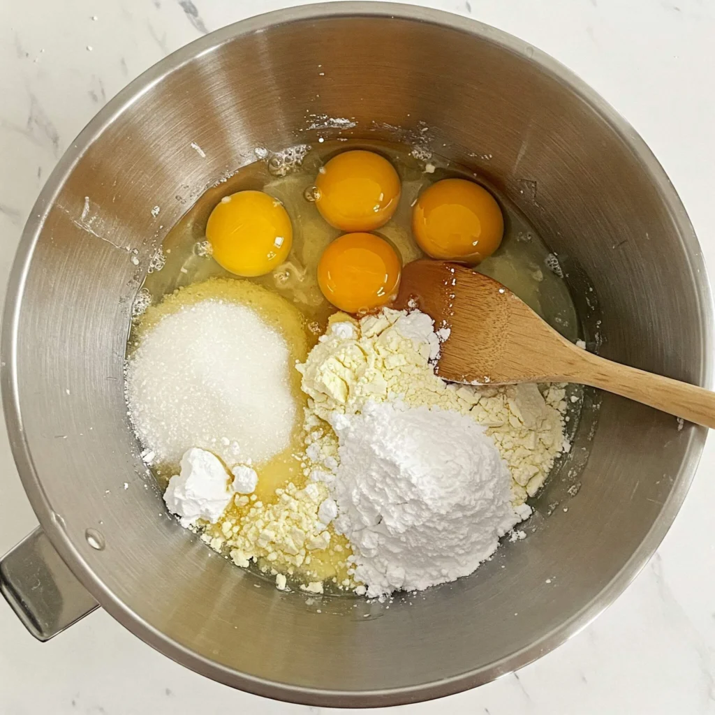 Ingrédients pour Gâteau de Savoie : œufs, sucre, farine, fécule de maïs et sucre glace