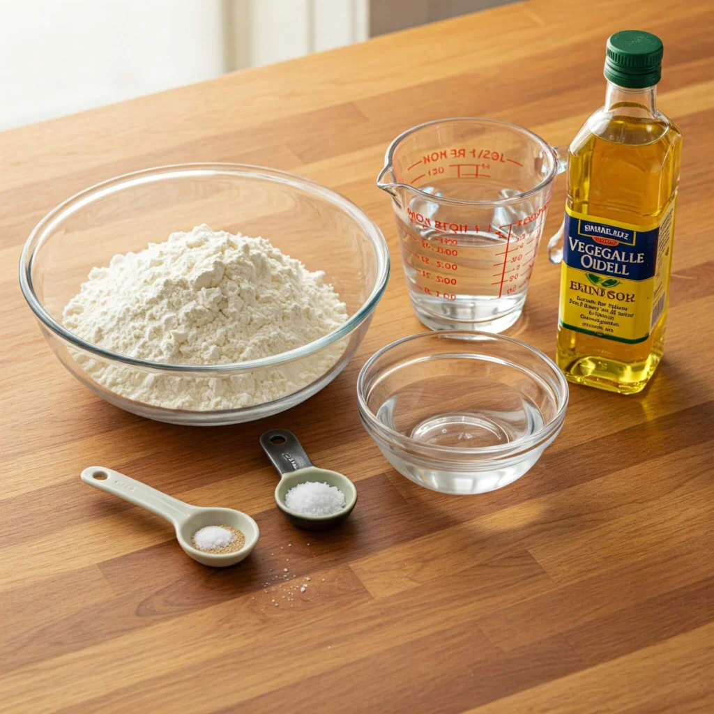 Bol de farine tamisée, levure boulangère sèche, pincée de sel, verre d’eau tiède et huile végétale sur un plan de travail – ingrédients pour recette Zlabia maison facile