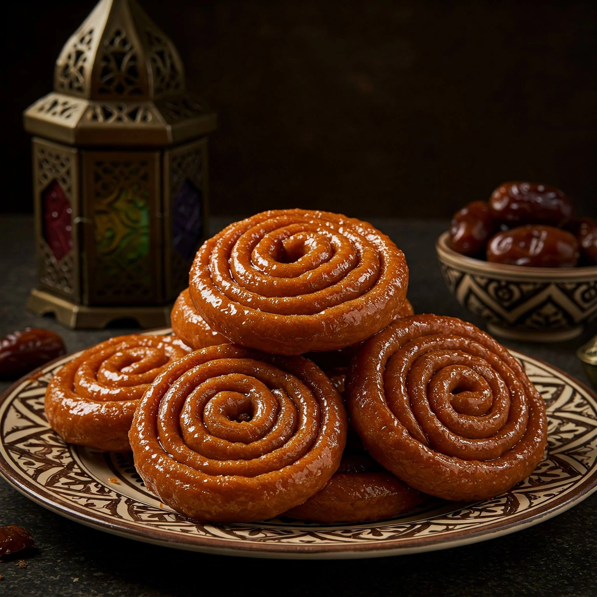 Zlabia maison en spirales croustillantes et dorées, nappées de sirop brillant, servies sur une assiette orientale, recette facile et rapide à réaliser
