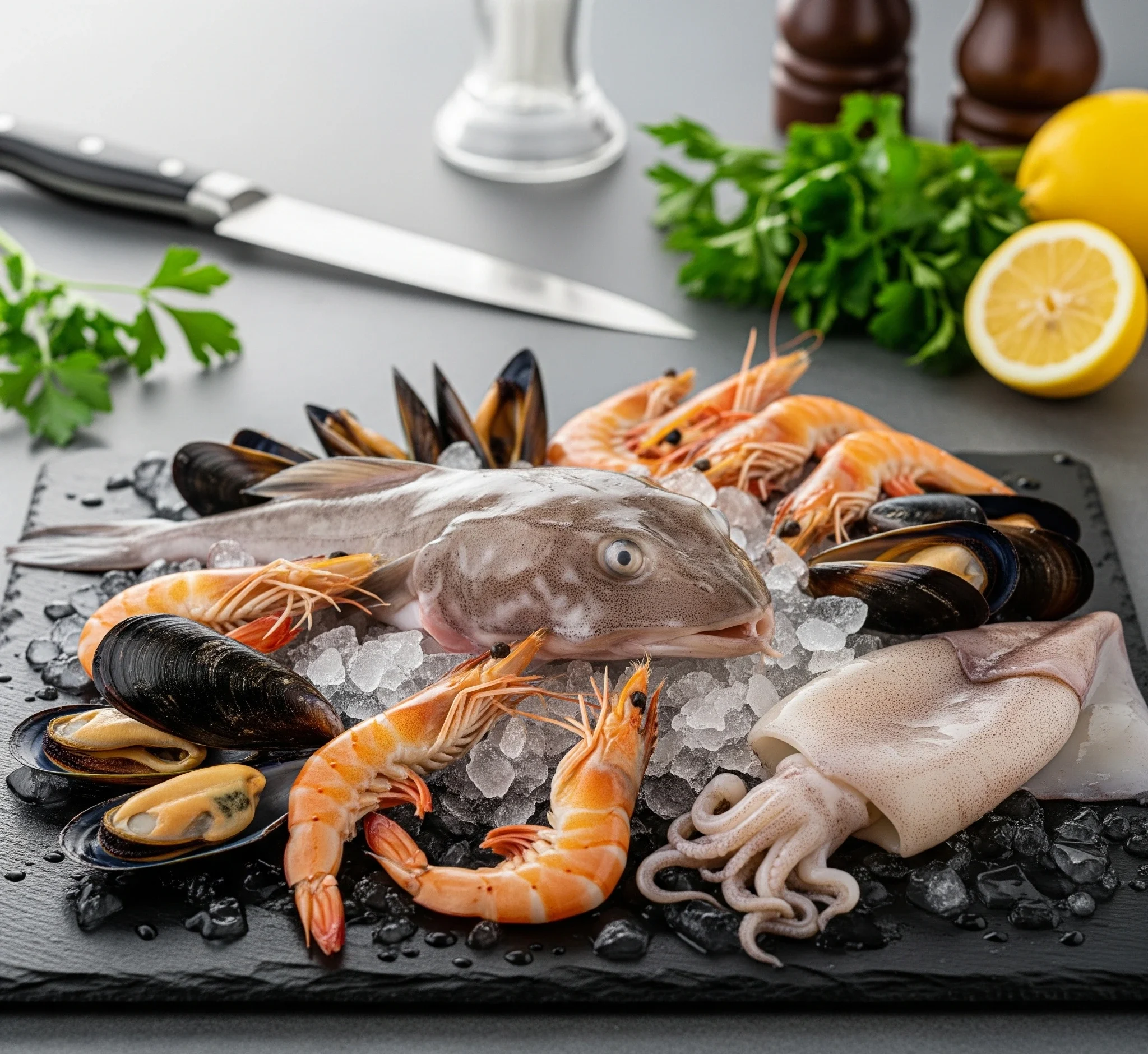 Plateau élégant de fruits de mer frais avec lotte, crevettes crues décortiquées, moules et calmars sur glace, illustrant la fraîcheur et la qualité.