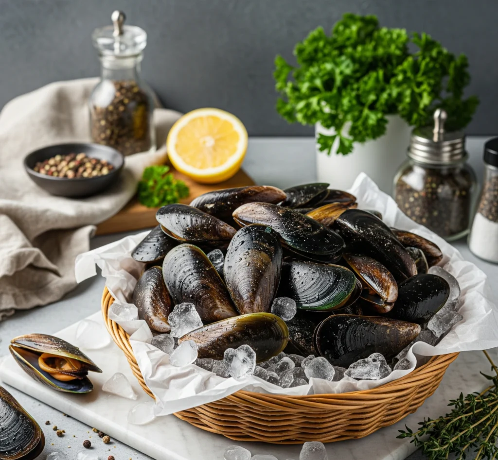Moules fraîches avec coquilles fermées et brillantes, posées sur glace, signe de fraîcheur et de qualité.